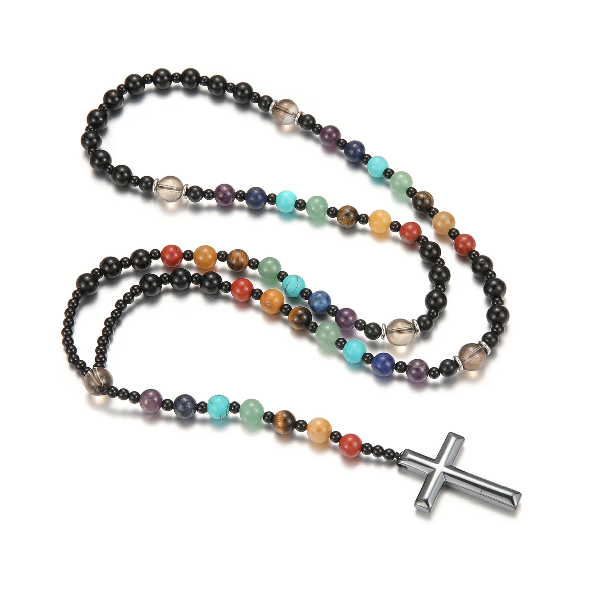 8mm colorful Beads Chakra Cross Pendant Necklace for Men and Women Jewelry Gift