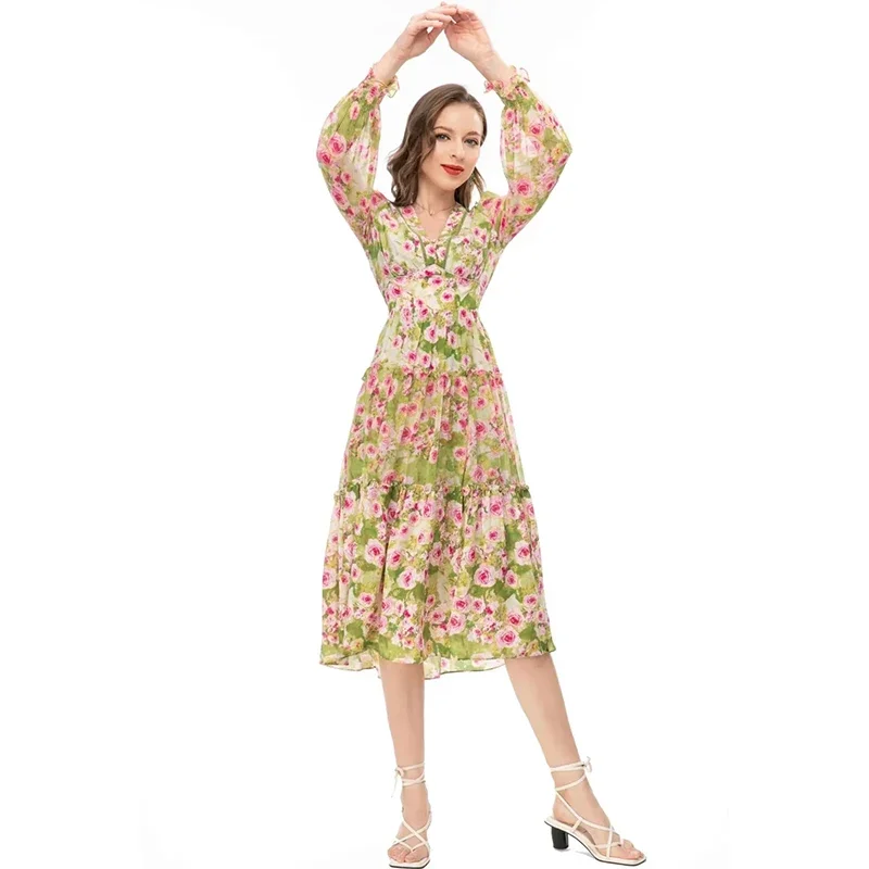 

ZOZO Fashion Runway Summer Dress Women V Neck Lantern Long Sleeve Floral Print Vintage Vacation Dress