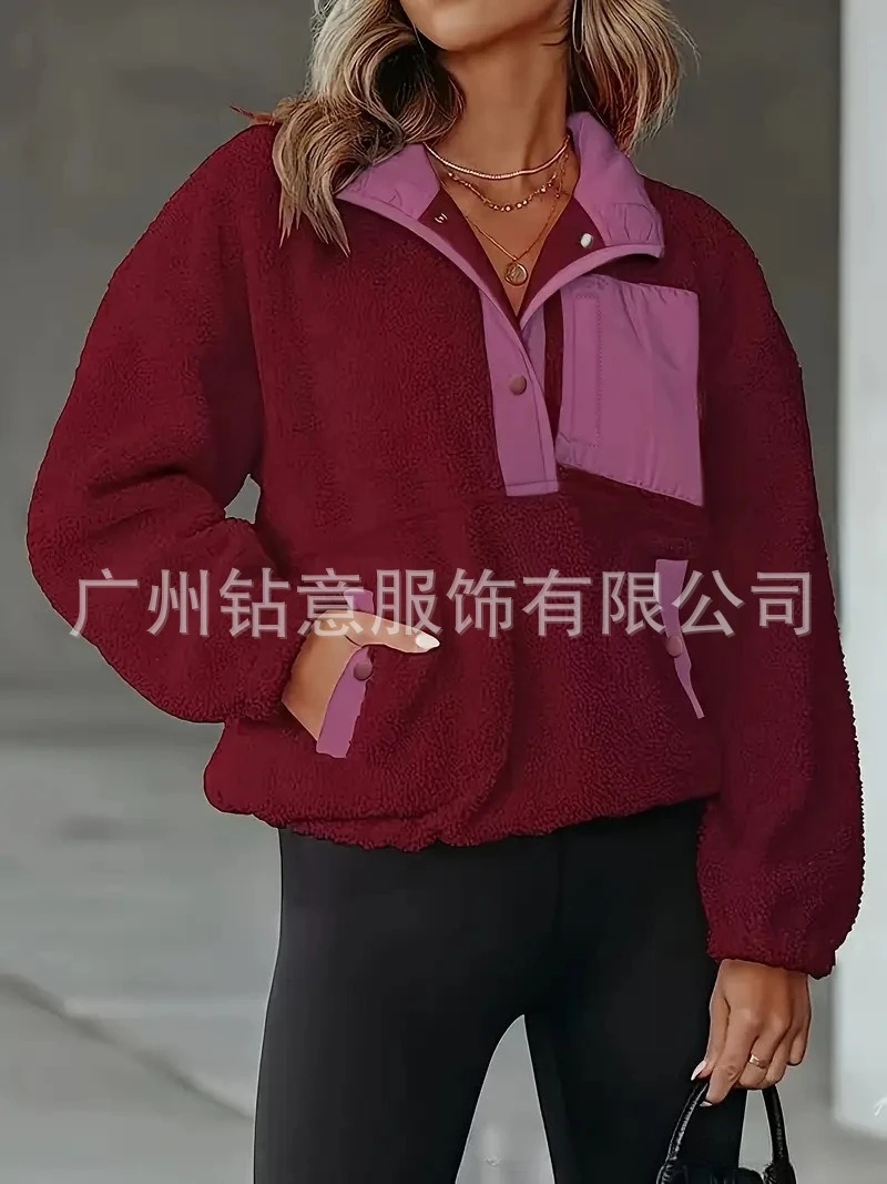 Fall Winter Loose Fashion Versatile Warm Top Women's Multi Pocket Fuzzy Pullover Color Block Half Open Collar Zipper Sweatshirt