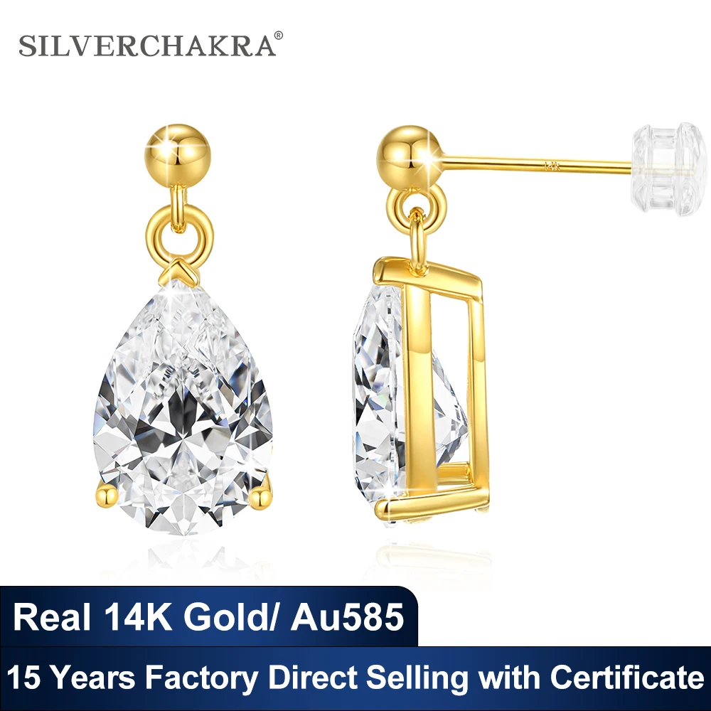 Real Au585 14k Gold Drop Earrings for Women7*10mm 2ct Pear Cut Moissanite Diamond Water Drop Wedding Jewelry with Certificate