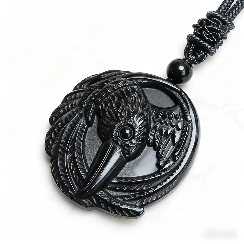 

Real Obsidian Crow Pendant Necklace Fashion Gemstone Amulet Accessories Carved Men Natural Jewelry Gift Luxury Talismans