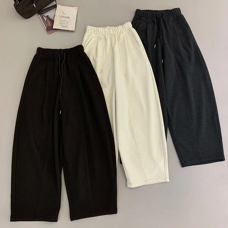 High-Waisted Woolen Wide Leg Trousers Female Autumn Winter Plus Velvet Thicken Warm Pants Woman All-Match Baggy Casual Pants