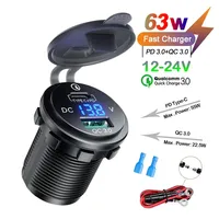 Kewig 63W USB C Car Charger Socket 12-24V USB Socket 45W PD3.0 & 18W QC3.0 Dual Ports with Voltmeter for Car Boat RV Motorcycle