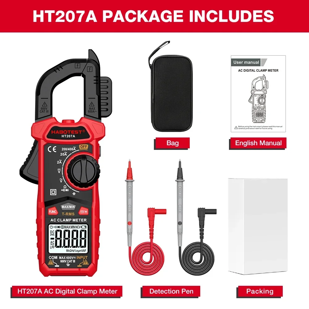 HABOTEST HT207 AC DC Digital Clamp Meter Multimeter Pinza Amperimetrica True RMSTrue RMS NCV Voltage Inrush Current Tester