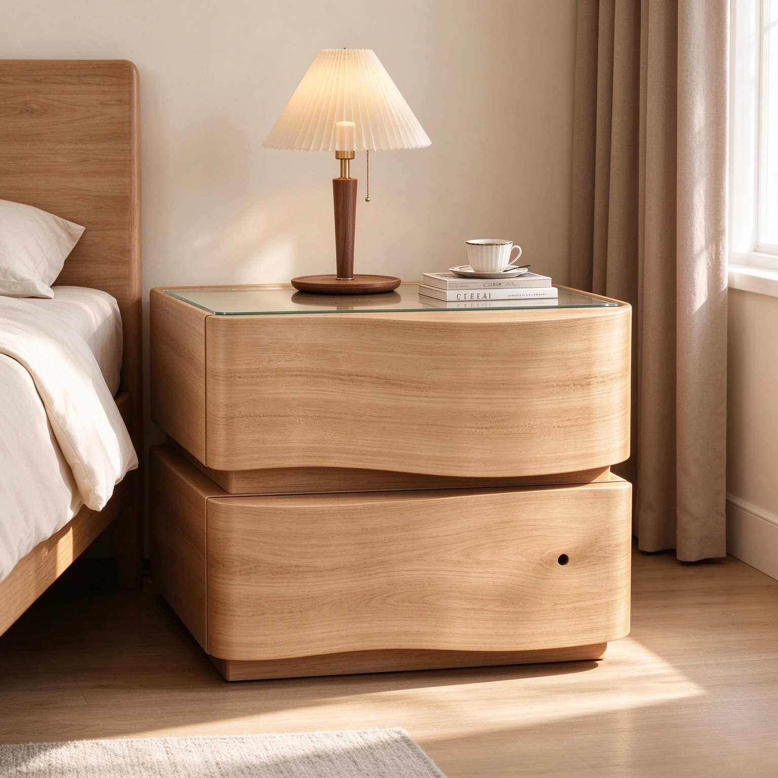 Raw Wood Style Smart Nightstand, Minimalist Bedside Storage Cabinet and Side Table for Bedroom and Small Apartment Organization