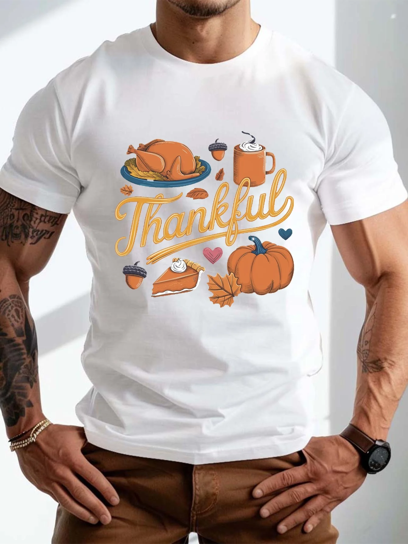 

Men's Thanksgiving T-shirt with turkey pattern print, casual short-sleeved T-shirt, well-fitted design