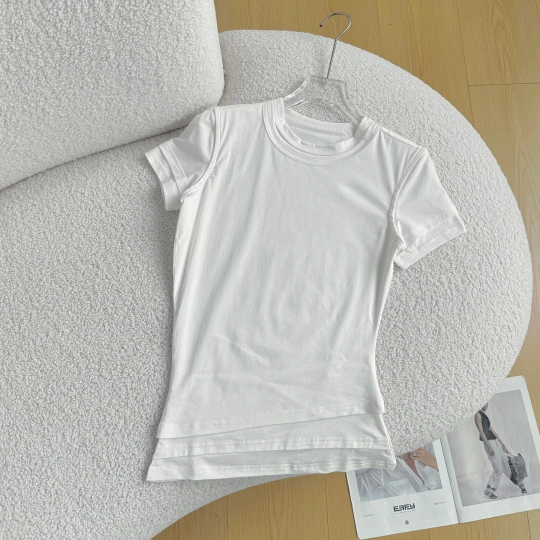 

Женская футболка с оригинальным дизайном, асимметричным кроем и эффектом двухслойности, облегающая, с коротким рукавом, для повседневной носки