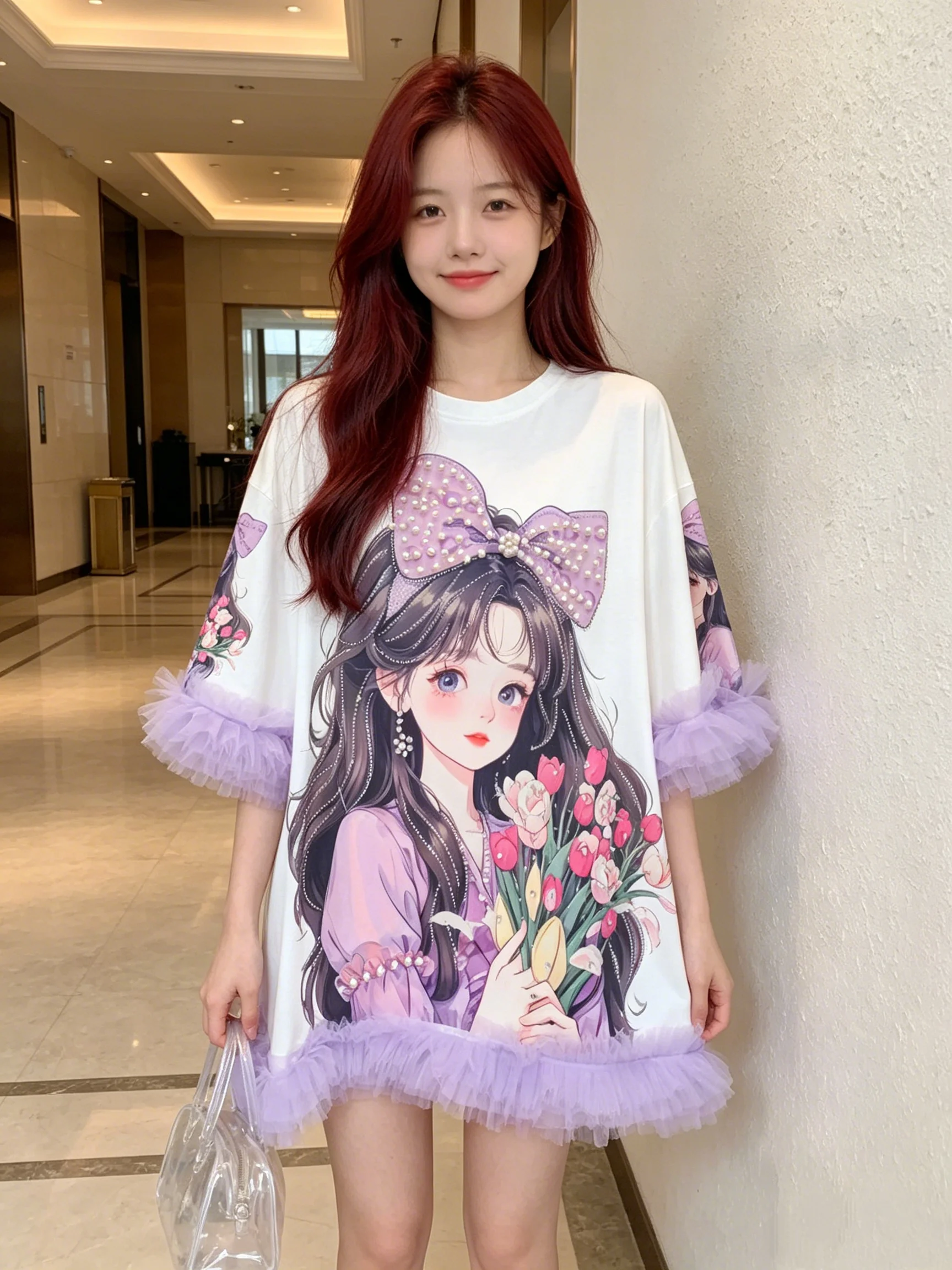 Cartoon Printed Sweet Princess Dress Elegant Lace Half Sleeve Round Neck Pullover Top Beading Mid-long Students Casual T-shirt