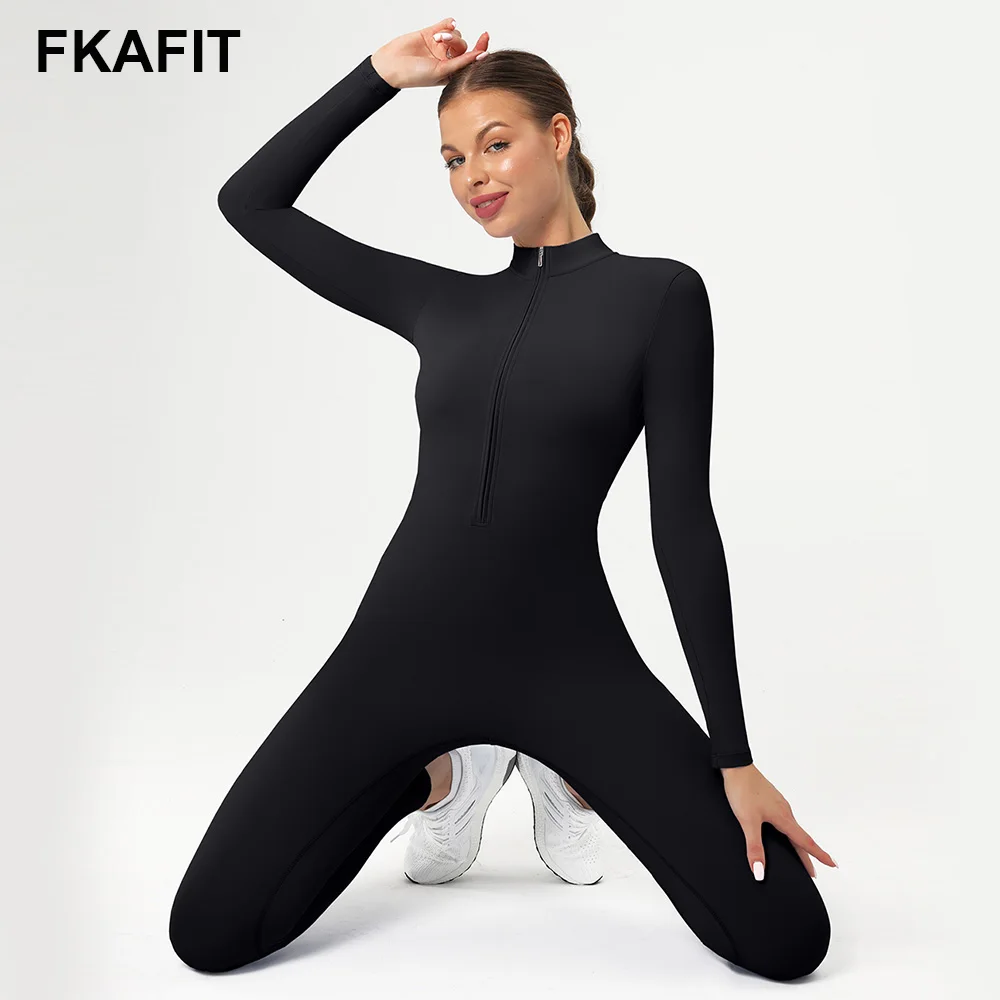 Yoga Jumpsuit Women Sports Zipper Jumpsuit Set Gym Long Sleeve Fitness Suit Elastic Gym Workout Bodysuit Athletic Wear