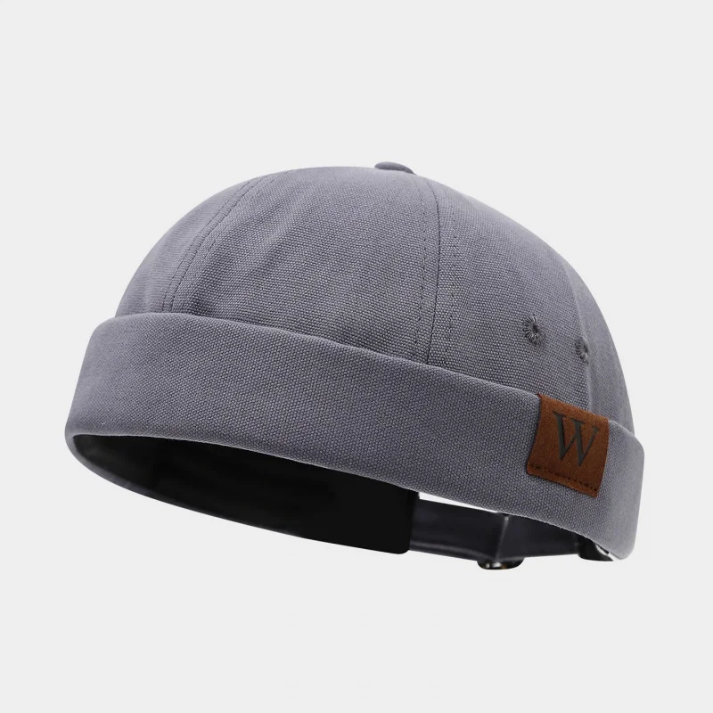 Unisex Letter W Leather Patch Docker Cap Retro No Brim Melon Hat Casual Streetwear Adjustable Cotton Cap