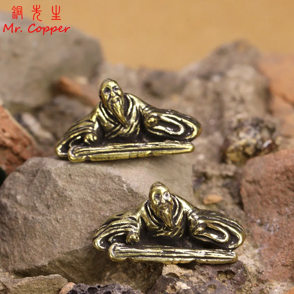 Brass Old Man Play Guqin Small Statue Desktop Ornaments Retro Character Figurines Models Home Decorations Crafts Accessories