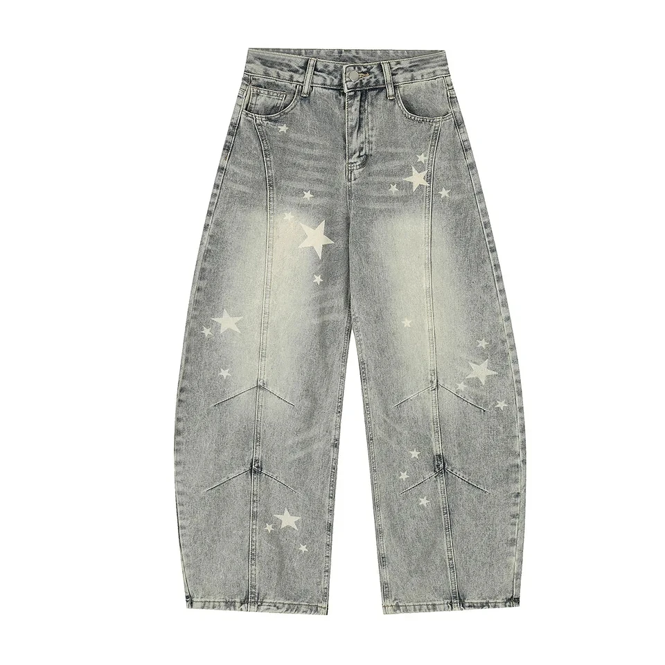 2026 New Scimitar Wide Leg Long Pants Star Print Washed Jeans Retro Loose Fashion Elegant Casual Versatile