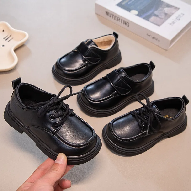 Fashionable Black Leather Shoes 2026 New Spring and Autumn Winter Plush Kid's College Shoes Anti Slip British Style Leather Shoe