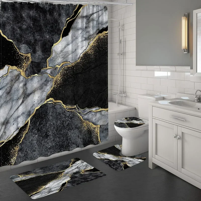 Black Gold Marble Shower Curtain Set Bath Mats Rugs Crack Ink Texture Luxury Abstract Decorative Stone Print Bathroom Curtains