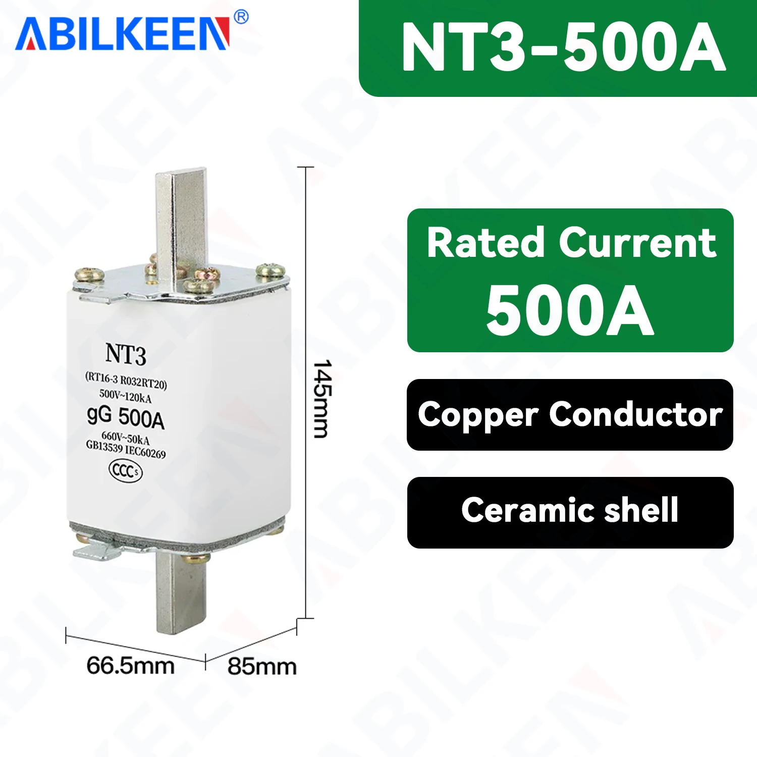 ABILKEEN NT3 Blow Blade Fuse 500A/630A RT16-3 Knife Blade Fuse Tube 500V~660V Mini Blade Fuse Tube with Fuse Base