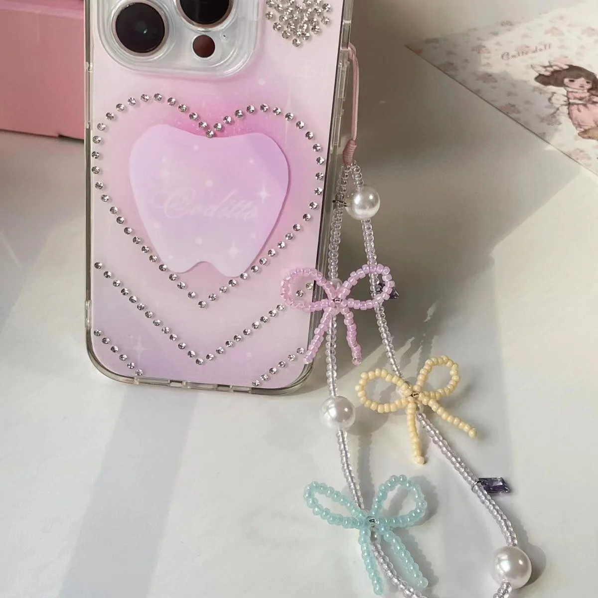 JOLanyard-Corde de coque de téléphone anti-perte pour femmes et filles, nœud coloré, perle douce, accessoires de bijoux mignons