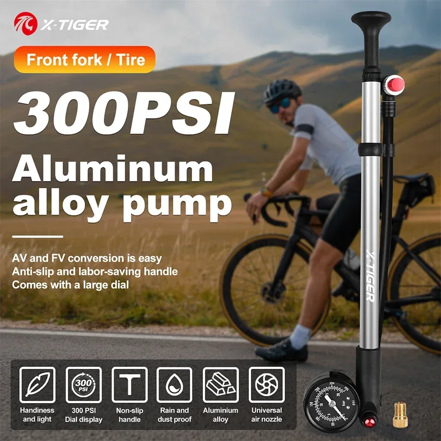 X-TIGER Bicycle Pump 300PSI T-shaped Valve Bike Manual Ball Air Pump Balloon Tire AV / FV High Pressure Portable Air Inflator