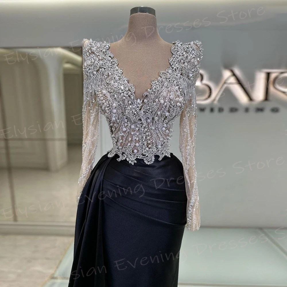 Charming Black Women's Mermaid Evening Dresses V Neck Long Sleeve Pleated Customized Prom Gowns Beaded فساتين سهره شارون سعيد