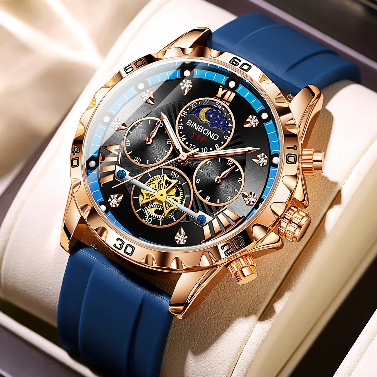 

BINBOND Men's Watches Casual Fashion Silicone Strap Flywheel Chronograph Wristwatch Waterproof Luminous Moon Phase Quartz Watch