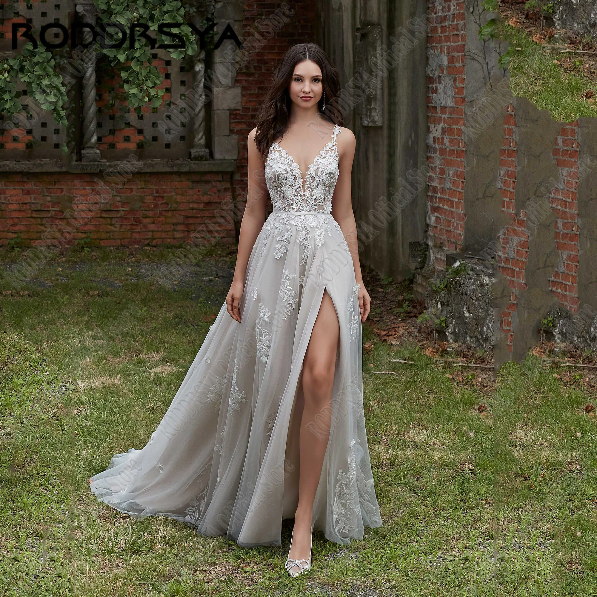 RODDRSYA-vestido De Novia De encaje bohemio, traje con tirantes finos, cuello en V, Espalda descubierta, apliques De Novia, corte en a lateralVestido de novia de encaje bohemio roddrsya correa de pasta de cuello V calc