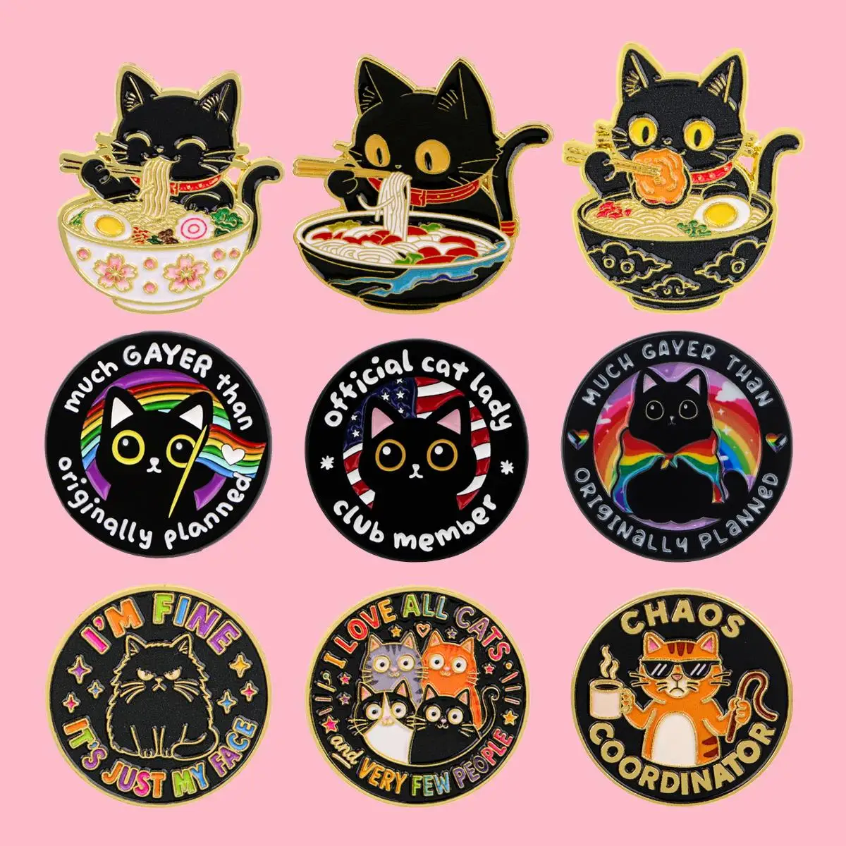 9Pcs Black Cat Brooch Ramen‑Eating Kitty Metal Enamel Pins Set Badge on Backpack Clothing Accessories Jewelry Gift for Friend