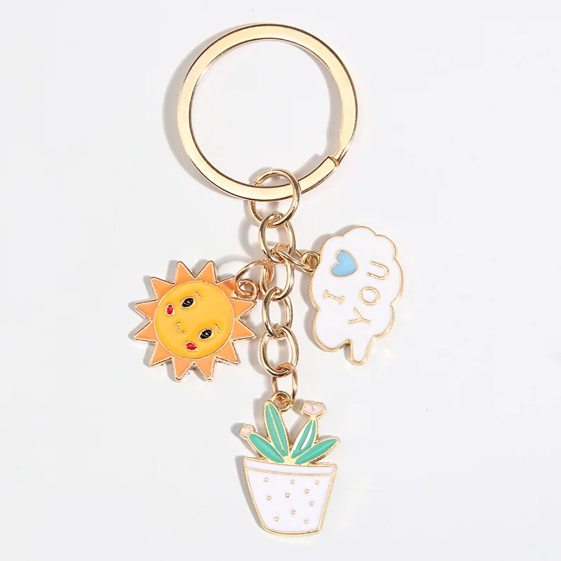 Cute Enamel Keychain Sun Cactus Cloud Key Ring I Love You Key Chains Souvenir Gifts For Women Men Cay Keys Handmade Jewelry