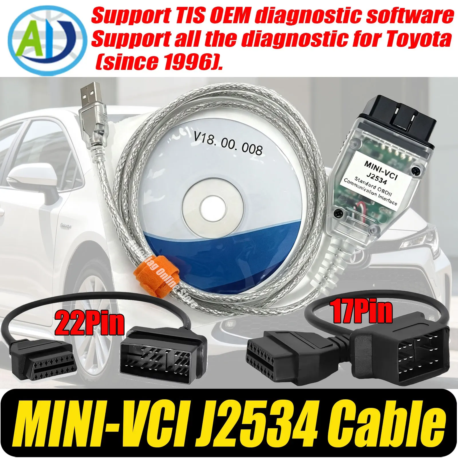 For Toyota/Lexus MINI VCI J2534 Cable TIS Techstream Original FTDI FT232RL OBD2 Interface Scanner For Toyota 17Pin/22Pin Cable