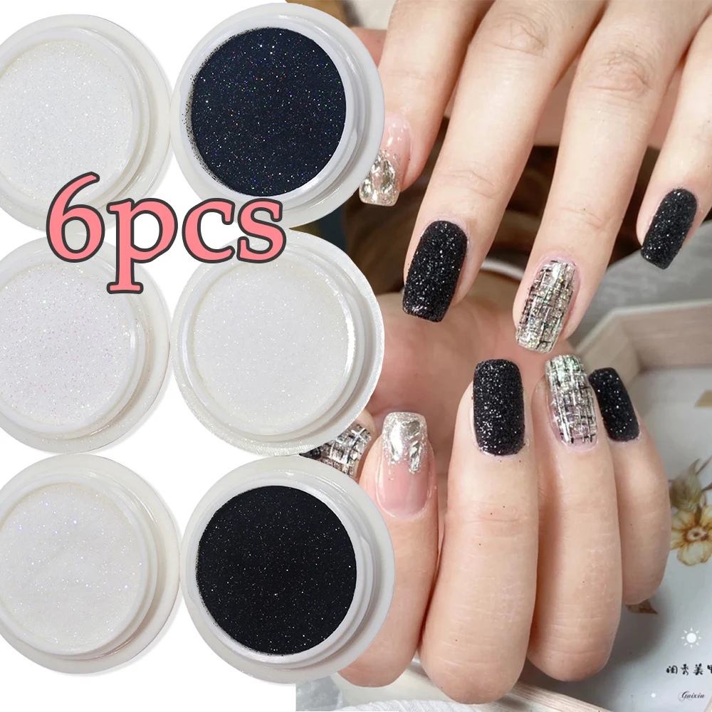 6pcs Black/White Shinning Nail Sugar Glitter Powder Sparkle White UV Gel Polish Chrome Pigment Dust Reflective Nails Decorations