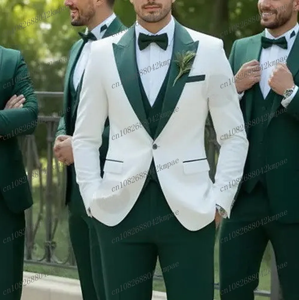 الأبيض والأخضر الرجال البدلة الرسمية العريس وصيف حفل زفاف حفلة موسيقية الأعمال الذكور البدلات الرسمية 3 قطعة مجموعة السترة سترة السراويل