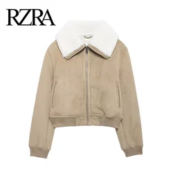 RZRA2024 autumn and winter new women's ribbed hem lapel long-sleeved fleece lining short jacket coat commuting warmth