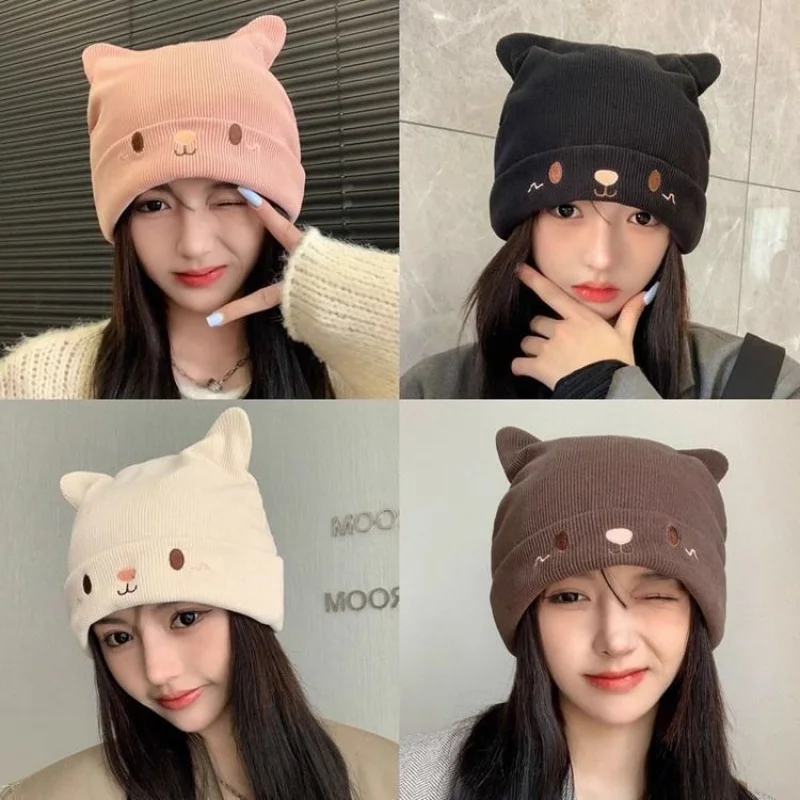 

Women's Autumn and Winter New All-Matching Knitted Hat Cute Embroidery Kitty Cap with Ears Children's Warm Ear Protection Sleeve