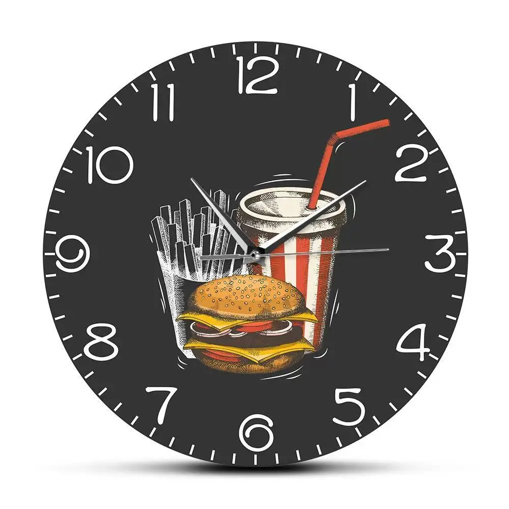 Fast Food Burger French Fries Themed Wall Clock Silent Quartz Kitchen Decor for Restaurant Cafe Unique Gift Idea Wall Art