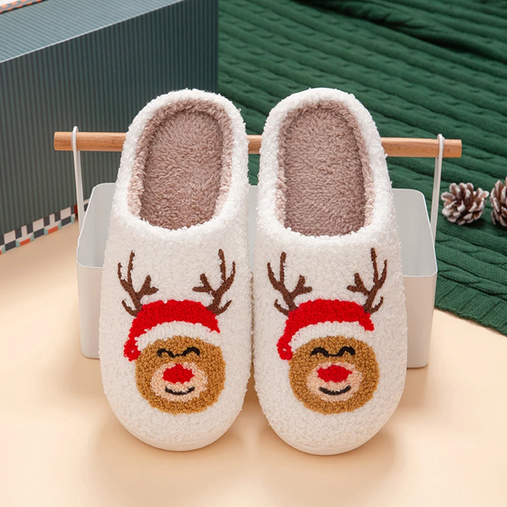 Christmas Elk Plush Slippers Anti Slip Warm Slip-on House Shoes Flat Thermal Slippers Furry Reindeer Slipper for Autumn Winter