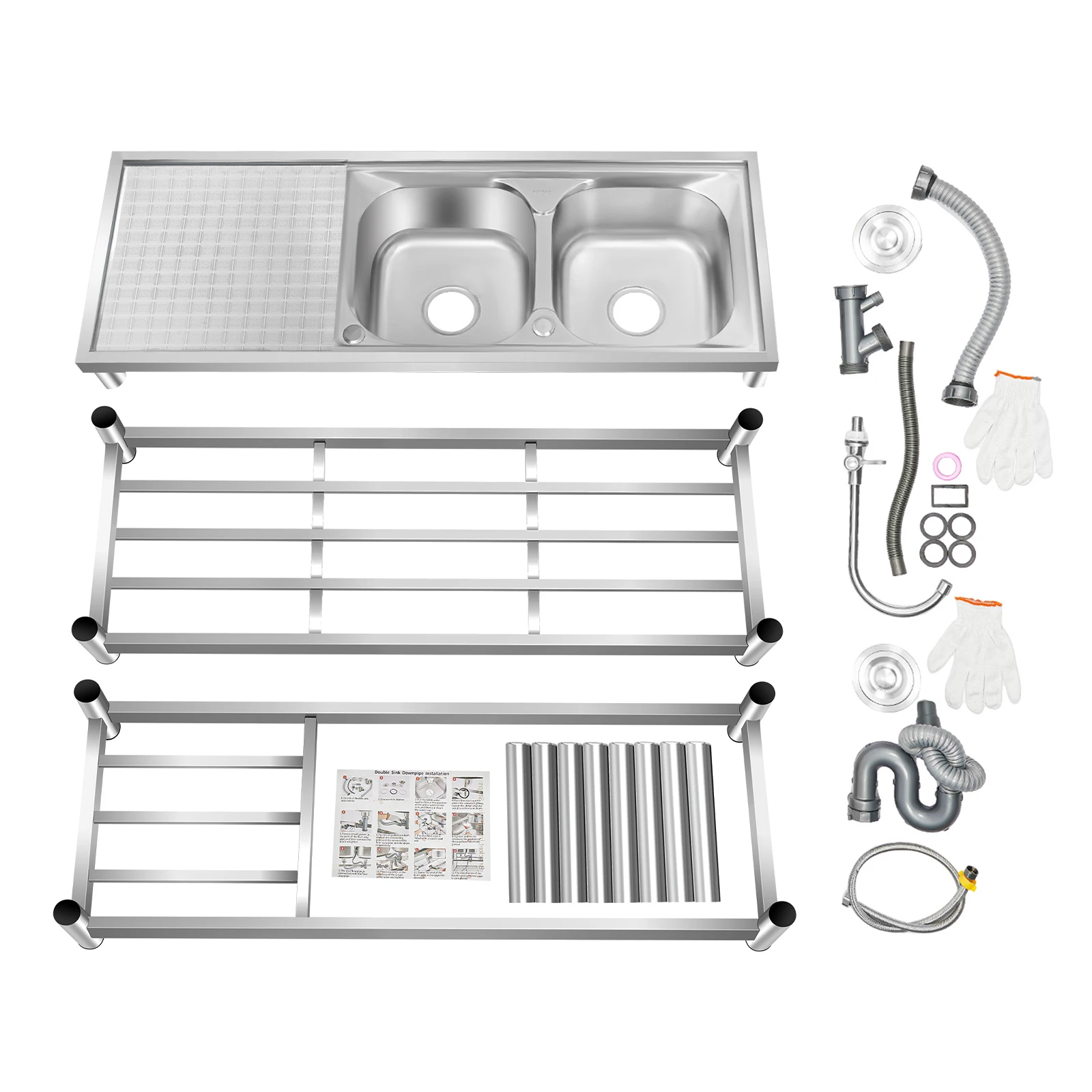 Двухслородный коммерческий кухонный стол для приготовления раковины с набором смесителей из нержавеющей стали для чистки посуды, кастрюли и сковородок, фруктов