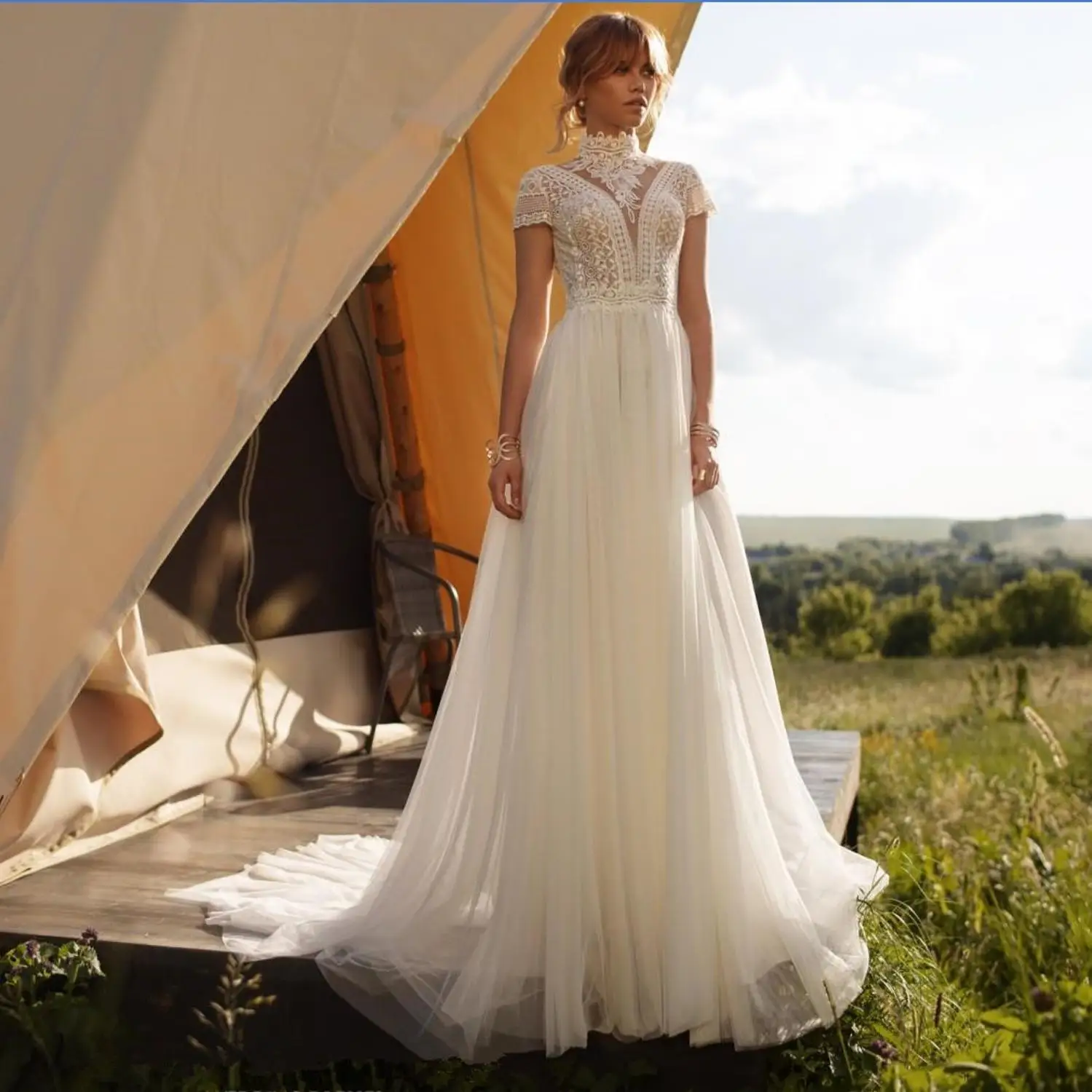 Vestido de noiva boêmio, gola alta, linha A, sem encosto, manga curta, vestido de noiva vintage, boho, elegante