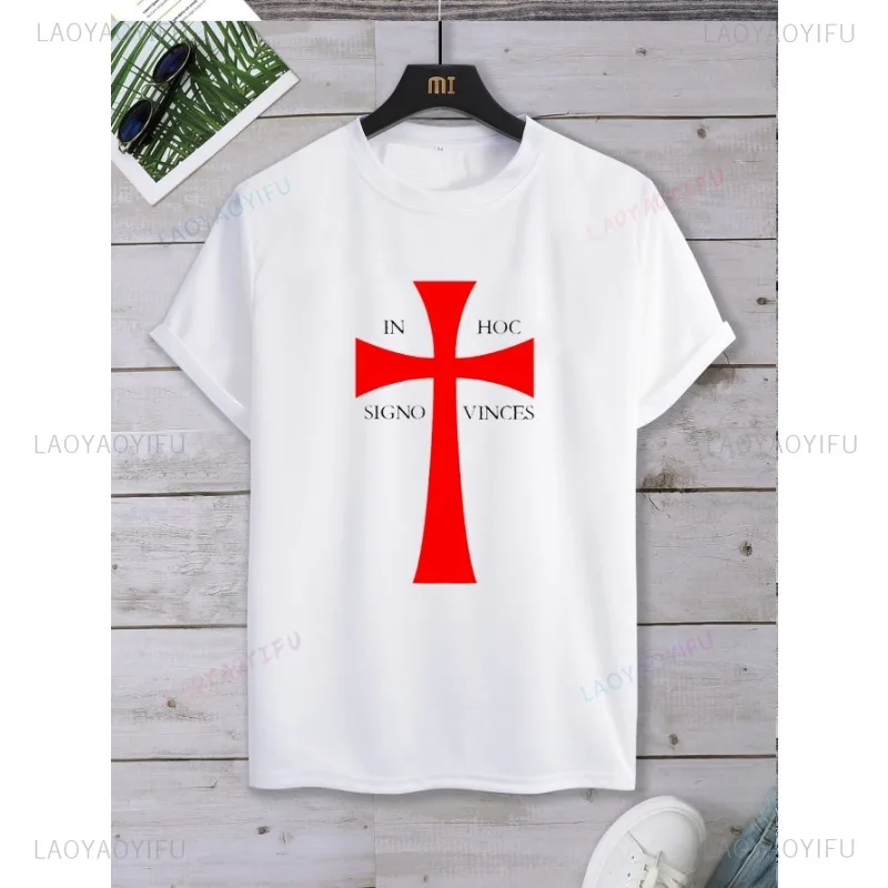 Retro and Nostalgic Templar Knight Cross Printed T-shirt Top Male Tshirt Short Sleeve O-neck Loose Streetwear 