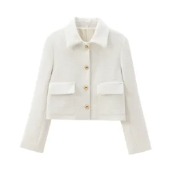 Tangada Women 2024 Fashion White Tweed Crop Blazer Coat Vintage Long Sleeve Female Outerwear PS085