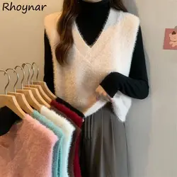 V-neck Sweater Vests Women Solid Color Autumn Winter Fluffy Soft Fashion Vintage Sleeveless Knitted Tops Slim-fit Simple Casual