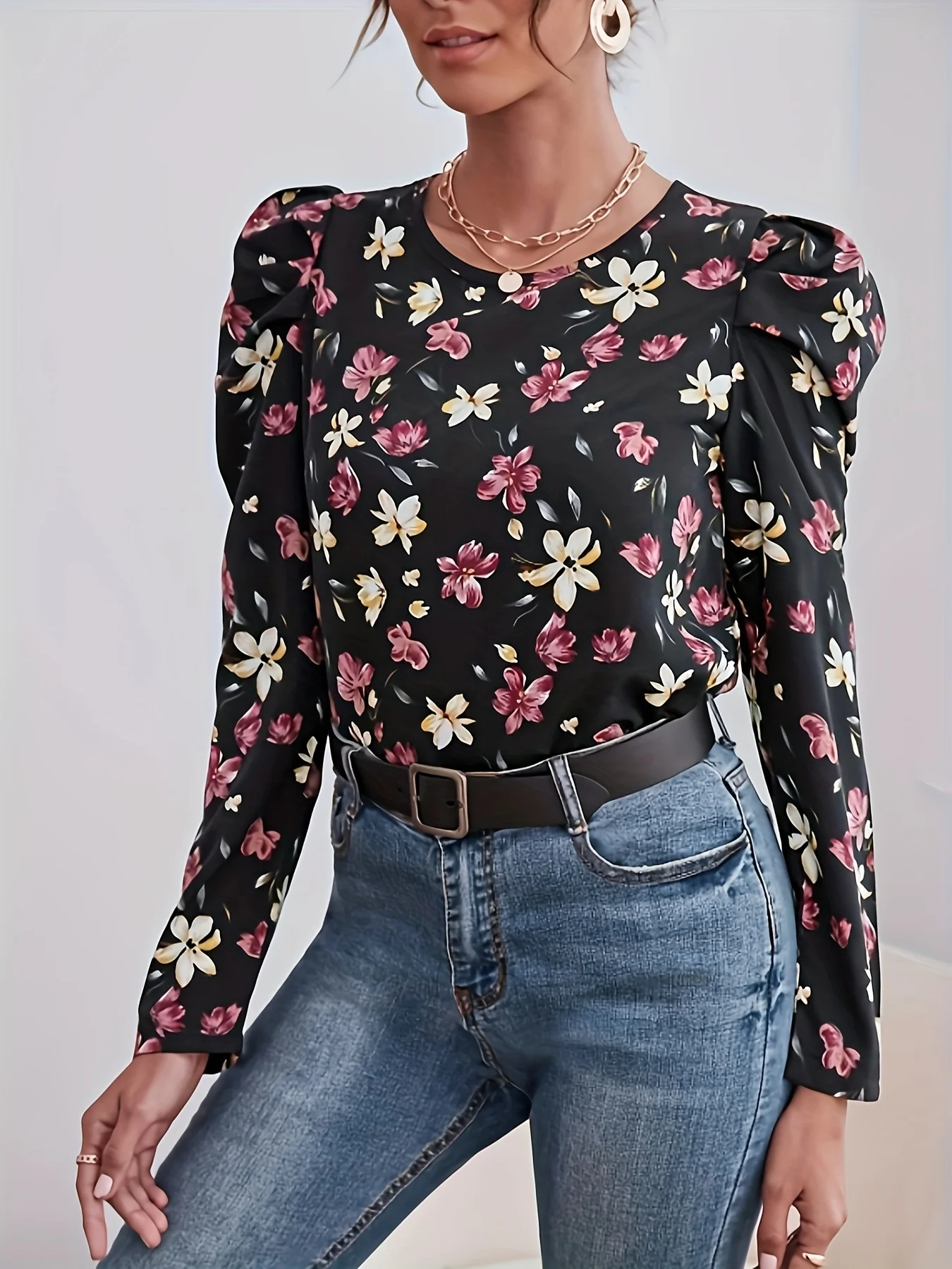 European  And n  Fashion  Round Neck Asymmetrical  Straps Shrug  Long-Sleeved Flower Print  Shirt Blouse Women\'s  Wear