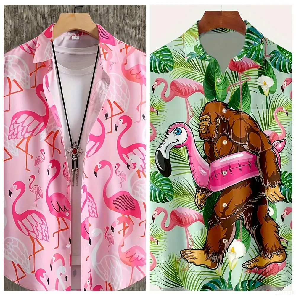 Camisa Hawaiana de Verano con Estampado 3D Divertido de Gorila y Flamenco, Camisa de Playa de Manga Corta para Hombre y Mujer, Blusa Casual Nueva