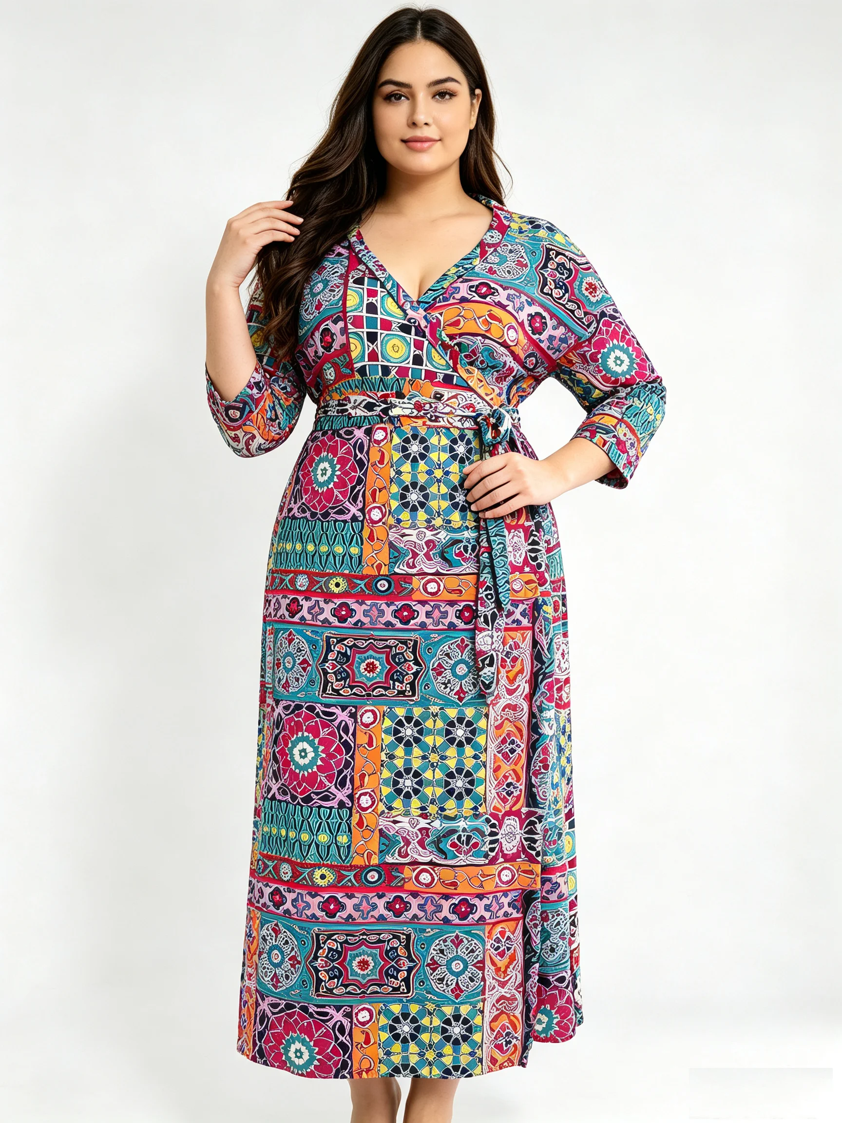Plus Size V Neck Three Quarter Sleeve Maxi Long Dresses For Women