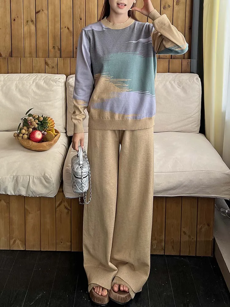 Casual Loose Sweater Round Neck Color Blocked Knit Sweater+Wide Leg Pants Two-Piece Set 2024 New Fashionable Women'S Clothing