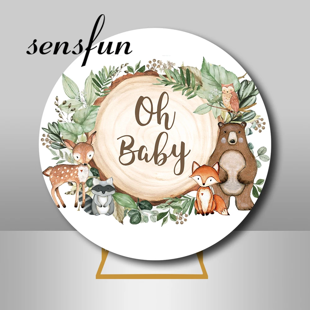 

Oh Baby Woodland Party Round Backdrop Cover Wood Green Leaves Kids Fox Bear Deer Animals Birthday Circle Background Custom