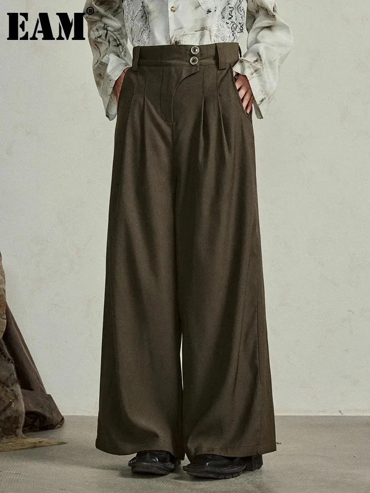 

[EAM] High Waist Green Button Pleated Long Wide Leg Casual Pants New Trousers Women Fashion Tide Spring Autumn 2024 1DH4982