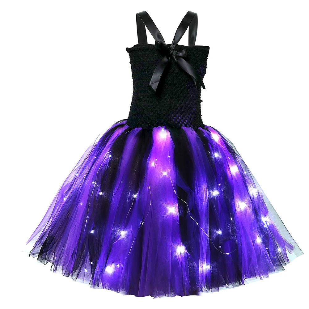 Halloween Girls Light Up Purple Witch Costume Cosplay con cappello Broomstick Christmas Party Witch Cosplay Dress Princess Dress