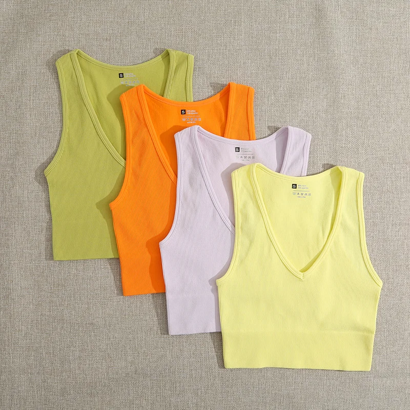 Polychrome V Neck Yoga Vest Gym  Workout Crop Tops Women Seamless Thread Knitting Fitness Trainning Vest Sports Elastic T Shirts