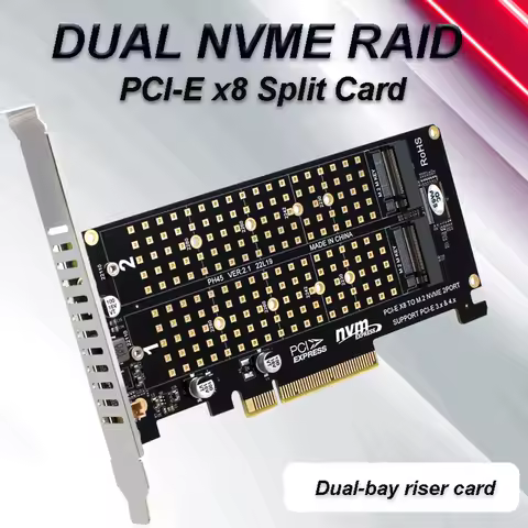Dual NVMe RAID PCIe x8 4.0 Adapter 64Gbps M2 NVME M KEY Riser Card for 2230 2242 2260 2280 22110 NVME SSD