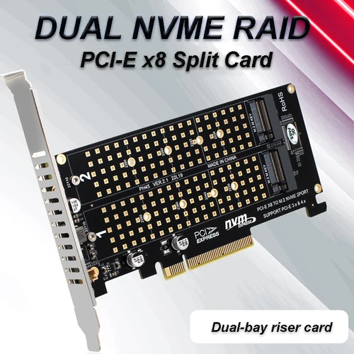 Adaptador Dual NVMe RAID PCIe x8 4,0, tarjeta elevadora de llave M2 NVME M de 64Gbps para SSD NVME 2230 2242 2260 2280 22110