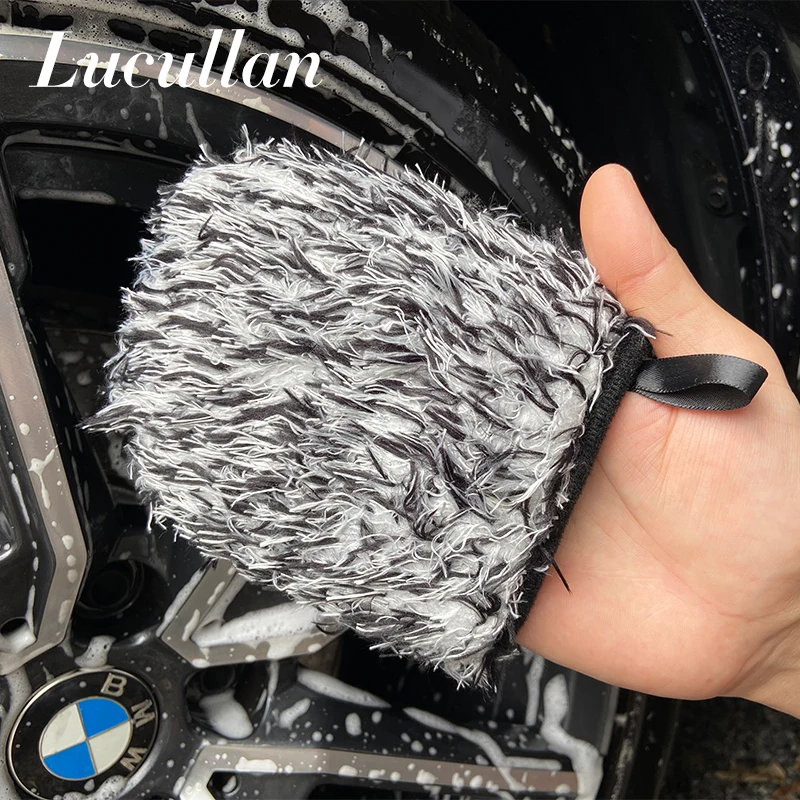 Lucullan Two-sided Microfiber Wheel Detailer Wash Glove Super Soft Long Hair Car Detailing Pocket Mitt