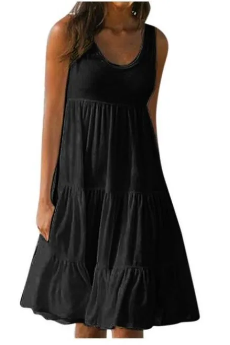 Plus Größe Frauen Casual O Hals Ärmellose Rüschen Mini Kleid Boho Solide Strand Sommerkleid Übergroßen Lose Kleid 2025, Sommer – Detail 3